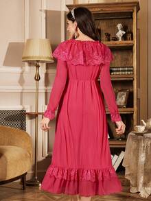 PalaceNights Vintage Palace Lace & Mesh Long Sleeve Nightgown For Women - Hot Pink - View 2