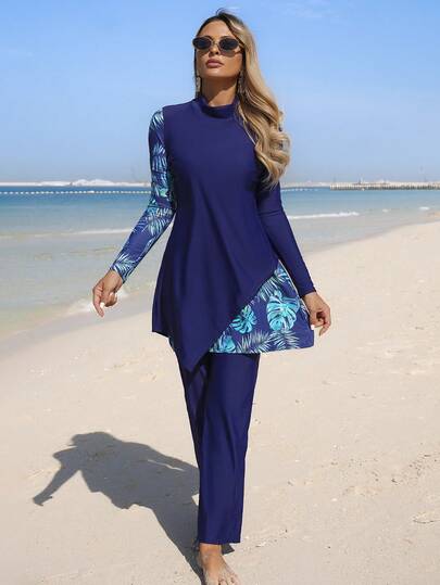Swim Mulvari 2pcs Tropical Floral Print Long Sleeve Top And Pants Set, Elegant Holiday Women Swimsuit Burkini