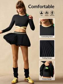 VARSIVA Women's Black And Yellow Crossover Hem, Cutout Back, Short-Sleeved Top And Contrasting High-Waisted Pleated Skirt With Built-In Jumpsuit Shorts Tennis Outfit.