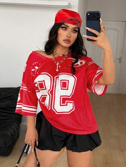 Coolane Women's Plus Size Spring/Summer Festival Going Out Streetwear Vintage Breathable Mesh Number Pattern Graphics Baseball Jersey Red Jersey T-Shirt