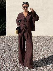 Livesso Spring & Summer Loose Casual Vacation Style Fashion Office Wear Street Tie-Up Shirt Cardigan Design Pleated Straight Leg Casual Suit Pants Set, Elegant Commuter Women's 2-Piece Outfit Lounge Sets For Women - Brown - View 2