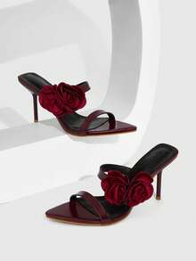 CUCCOO SZL Women's Elegant Party 3D Floral Decor Heeled Sandals - Burgundy - View 2