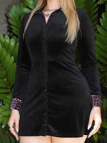 Arliah Leopard Velvet Black Elegant Romantic Minimalist Loose Fit Dress For Women Fall Cloth For Women - Black - View 5