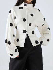 LYSMO 2026 新款极简主义春夏女式高领长袖收腰拉链波点时尚卫衣/春季女装/春假/情人节/女士情人节/情人节/女士生日/生日/外出上衣/女士外出上衣/优雅女装/女士休闲衬衫/女士假期/Y2K/Y2K/2000年代风格/波点上衣/波点/白色上衣/女士白色上衣 - 米色 - 查看 3