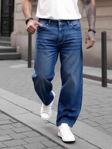 Manfinity Hypemode Men's Casual Street Style Loose Fit Distressed Straight Leg Jeans Baggy Jeans Man - Medium Wash - View 3