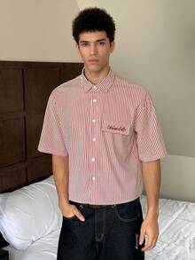 SWAVVY 男士休闲条纹印花宽松短袖衬衫，春夏男士度假衬衫，男士宽松短款纽扣衬衫，男士短款衬衫，男士度假衬衫，男士条纹纽扣衬衫 - 紅白色 - 查看 5