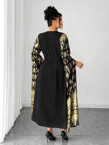 SHEIN Elenzya Đầm đen cỡ lớn Elenzya, đầm maxi dài tay cổ chữ V thanh lịch màu đen và họa tiết lá vàng, đầm thời trang và duyên dáng dành cho nữ cỡ lớn, thích hợp cho mùa xuân/thu. - màu đen - Xem 2