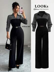 Rafferiza Women's Elegant Patchwork Long Sleeve Jumpsuit, Suitable For Commuting - Black - View 1