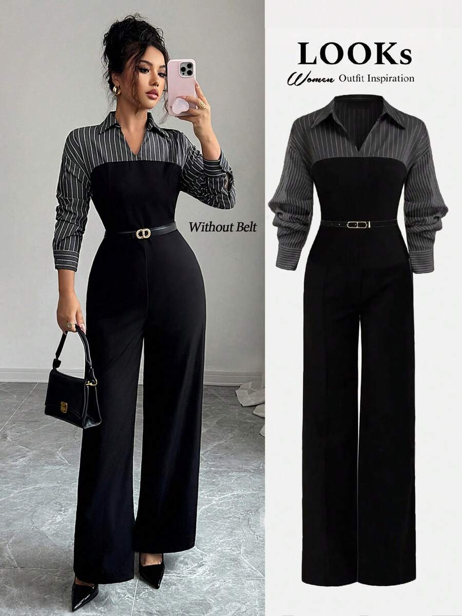 Rafferiza Women's Elegant Patchwork Long Sleeve Jumpsuit, Suitable For Commuting - Black - View 1