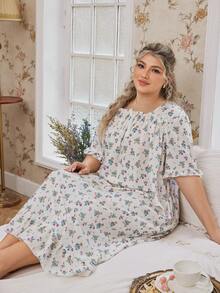 CottageSlumber 大码女士浪漫碎花方领短袖荷叶边长款睡裙，蝴蝶结装饰，适合春夏穿着 - 杏色 - 查看 5