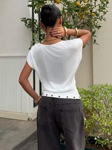 Muchica Women's Casual Solid White Batwing Sleeve Knit T-Shirt - White - View 2