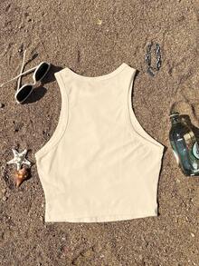 Tseoso Casual Minimalist Coconut Shell Flower Print Round Neck Tight Fit Women Tank Top, Suitable For Summer Spring - Apricot - View 2