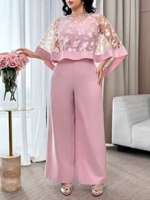 Feyla Bộ đồ 2 mảnh thanh lịch dành cho nữ: Áo choàng poncho lưới hoa 3D và bộ jumpsuit ống rộng không tay màu trơn. - Hồng - Xem 7