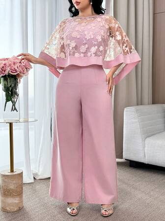 Feyla Women's 3D Floral Mesh Poncho Top And Solid Color Sleeveless Wide Leg Jumpsuit Elegant 2-Piece Set