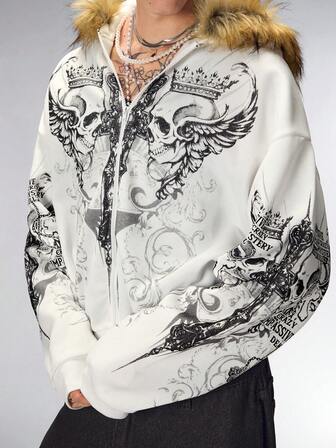 Sweat-shirt à capuche unisexe avec imprimé anglais et col en fourrure, automne/hiver