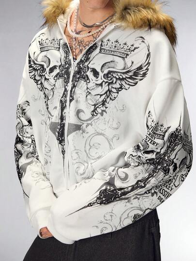 Unisex Kapuzenpullover mit englischem Muster und Fellkragen, Herbst/Winter