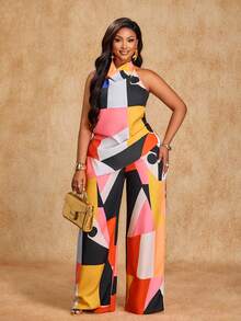 Brilight Women's Elegant Stylish Geometric Print Halter Backless Top With Long Pocket Pants Two Pieces Set For Women,Elegant Office & Casual Outfit - Multicolor - View 8