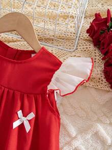 SHEIN 双色编织圆领荷叶边蝴蝶结休闲连衣裙 - 紅色 - 查看 10