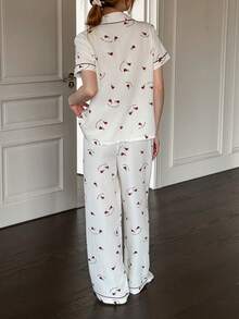 Dream Adore Heart Print Lapel Women Pajama Set - Apricot - View 2