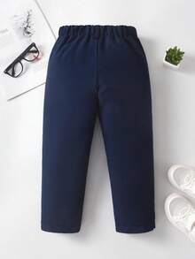 SHEIN Young Boy Casual Solid Color Pants,Summer Back-To-School,Single Button Decor,Slant Pockets,Elastic Waist Design,Versatile Fashion For Daily Wear,Party - Navy Blue - View 2