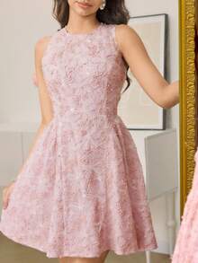 Modelyn 女士优雅花卉刺绣无袖收腰伞裙，适合约会和派对穿着 - 粉色 - 查看 1