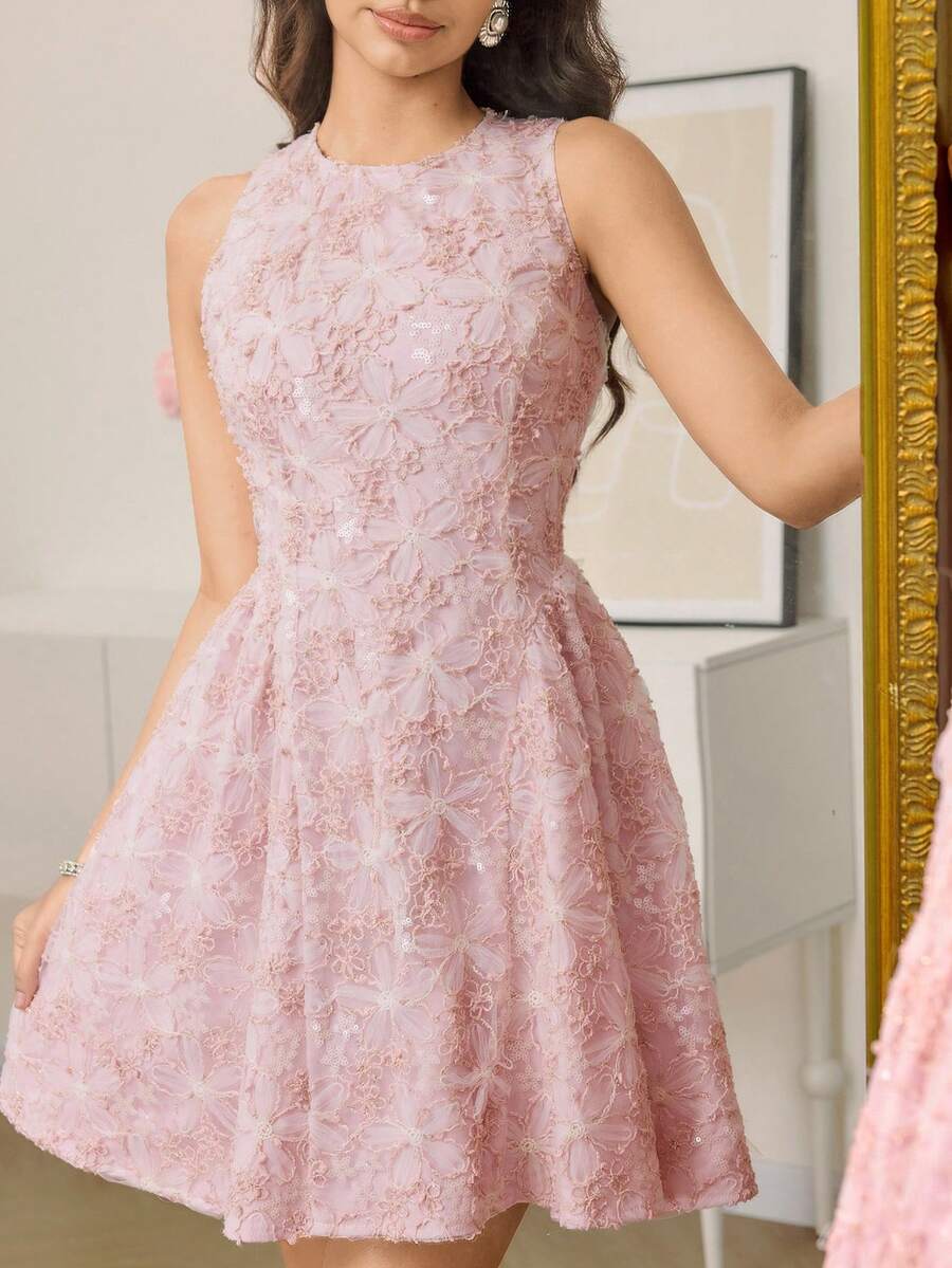 Modelyn 女士优雅花卉刺绣无袖收腰伞裙，适合约会和派对穿着 - 粉色 - 查看 1