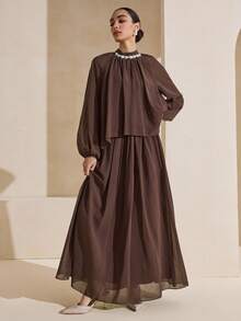 Graceveil 2 piezas Conjunto de mujer con volantes en el bajo en color marrón para salir - Marrón - Ver 6