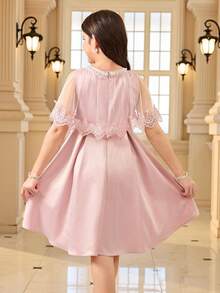 Tween Girl Round Neck Mesh Patchwork Pleated Elegant Dress - Pink - View 3