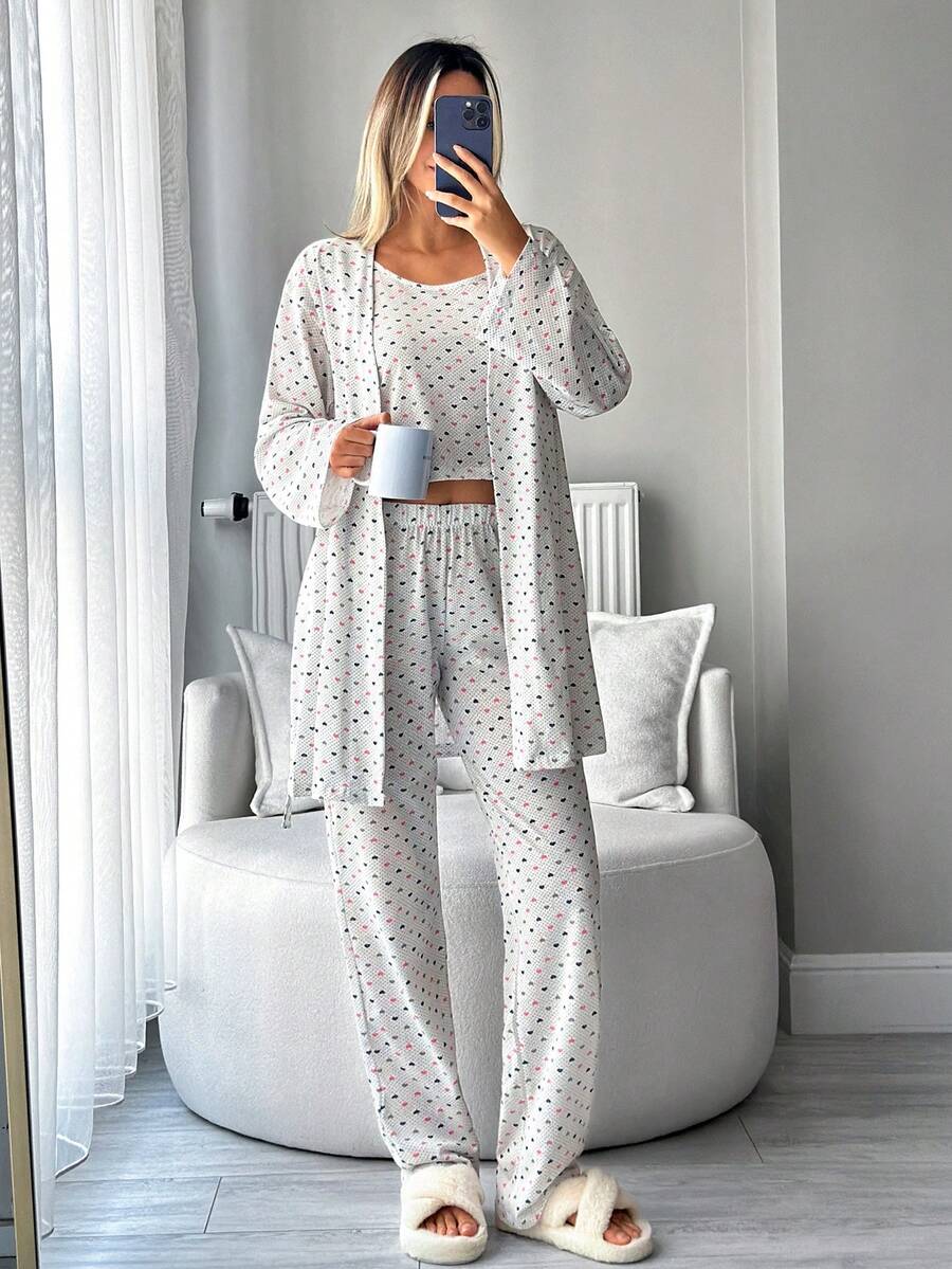 EURMUSE Conjunto de pijama de 3 piezas de algodón con estampado de corazones multicolor para uso en el hogar - Multicolor - Ver 1