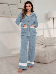 Lazeform 女士双口袋撞色毛绒提花连帽上衣和裤子家居服套装，秋冬服装，舒适套装，蓬松睡衣