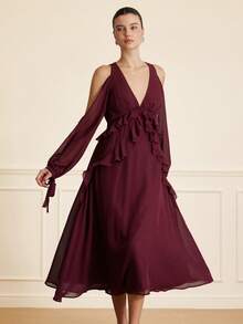 Revavyn 时尚雪纺荷叶边长袖连衣裙，百搭纯色，欧美风格，秋冬款 - 酒紅色 - 查看 6