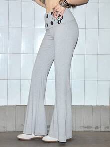 ROMWE Quần ống loe nữ kiểu vintage Y2K, cạp siêu trễ, xếp ly, in họa tiết chấm bi. - Xám - Xem 5