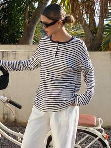 Livesso Women's Striped Round Neck Button Half Placket Casual Versatile Commuting Long Sleeve T-Shirt - Navy Blue - View 5