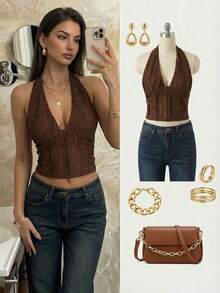 Aloruh Lace-Up Backless Halter Top For Women, Valentine For Women, Valentine For Women - Coffee Brown - View 2