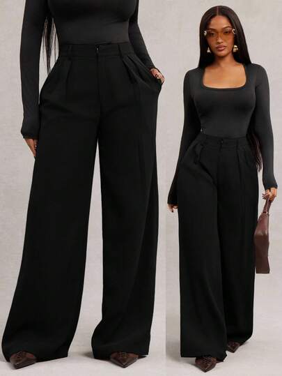 Radiana Casual Black Plus Size Wide Leg Suit Pants With Zipper Details Long Plain Fabric Trousers