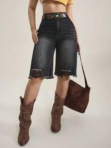 SHEIN Tall Women's High Waist Pocketed Distressed Frayed Hem Denim Shorts - Black - View 3