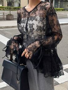 FRIFUL Women's Round Neck Cardigan With Ruffled Hem Contrast Lace Blouse