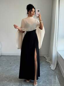 Gloray Hitam dan Krem, Musim Panas, Elegan, Setelan 2 Potong Wanita untuk Makan Malam, Jaket Tipis Syal Chiffon dengan Hem Berkerut & Gaun Maxi Belahan Tinggi dengan Tali Bahu Tipis dan Leher V untuk Pesta - MultiWarna - View 4