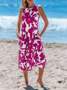 春夏款花卉印花无袖 A 字中长连衣裙，带口袋 - 玫紅色 - 查看 5