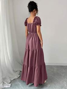 Elenzga 女士优雅长裙，独特领口设计，多层拼接，荷叶边装饰，修身垂坠/层叠式/假日装扮/波西米亚风/浪漫花卉/休闲度假风 - 藕粉色 - 查看 2