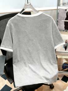 Manfinity Joysei Áo thun nam cỡ tiêu chuẩn, họa tiết hoa tối giản, cổ tay áo phối màu tương phản. - Xám - Xem 3