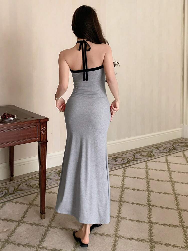Contrast Color Halter Tie Front Fitted Long Women Nightgown