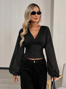 Easowa 复古褶皱灯笼袖抽绳腰露背蝴蝶结安哥拉红网眼T恤，休闲宽松优雅OL风，秋冬款 - 黑色 - 查看 7