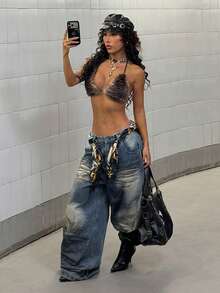 StreetHx Streetwear Women Fuzzy Cropped Halter Neck Camisole - Apricot - View 1