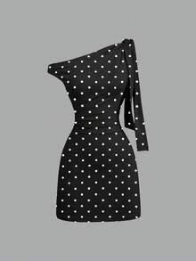 Sweetra 女士斜肩荷叶边性感紧身连衣裙，收腰设计，法式时尚迷你裙 - 黑與白 - 查看 1