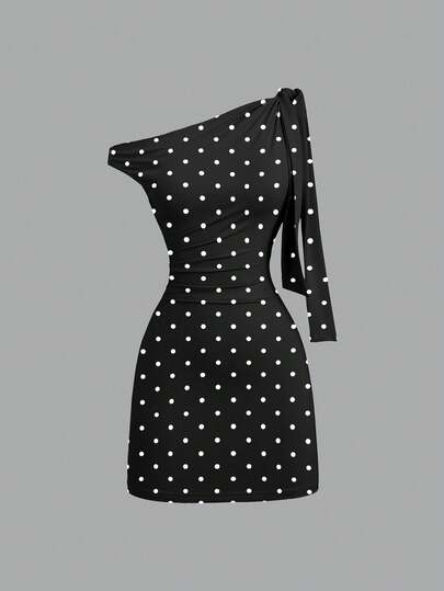 Sweetra 女士斜肩荷叶边性感紧身连衣裙，收腰设计，法式时尚迷你裙