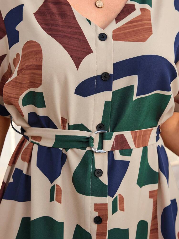 Plus Size Women's Summer Casual Vacation Country  Elegant Geometric Print V-Neck Short Sleeve Belted Maxi Dress,  Summer Holiday,Spring Break Outfits ,Vacation Outfits Women ,Holiday Outfits For Women,Spring Dress Women,Going Out Outfits,2026 New Clothes,Simple And Fashionable For Everyday Wear,Casual Vacation Boho Dress,Dresses For Women,Flowy Dress,Holiday Outfits Boho Geometric Print Dress Short Sleeve Summer Dress Summer Casual Dress