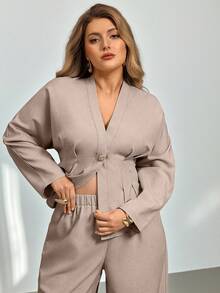 Auralis 女士褶裥腰V领长袖上衣搭配休闲直筒裤套装，适合通勤、办公、教师制服、音乐会、约会、正式场合、优雅浪漫风、OL风、美人鱼风、生日派对等场合。 - 杏色 - 查看 3