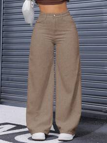 SHEIN ICON Plus Size Solid Color Slant Pocket Casual Versatile Wide Leg Jeans - Khaki - View 5