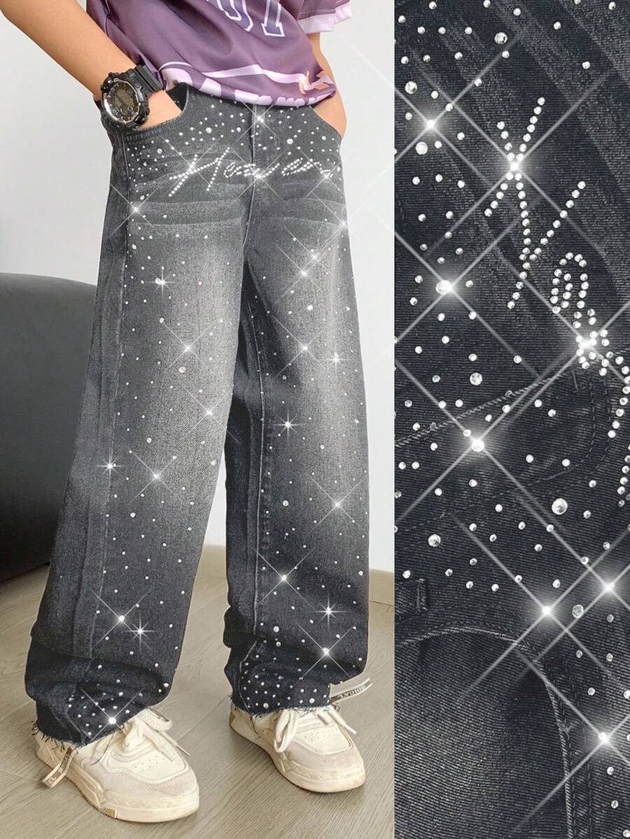 SHEIN 男童口袋字母水钻图案休闲百搭日常阔腿牛仔裤 - 灰色 - 查看 1